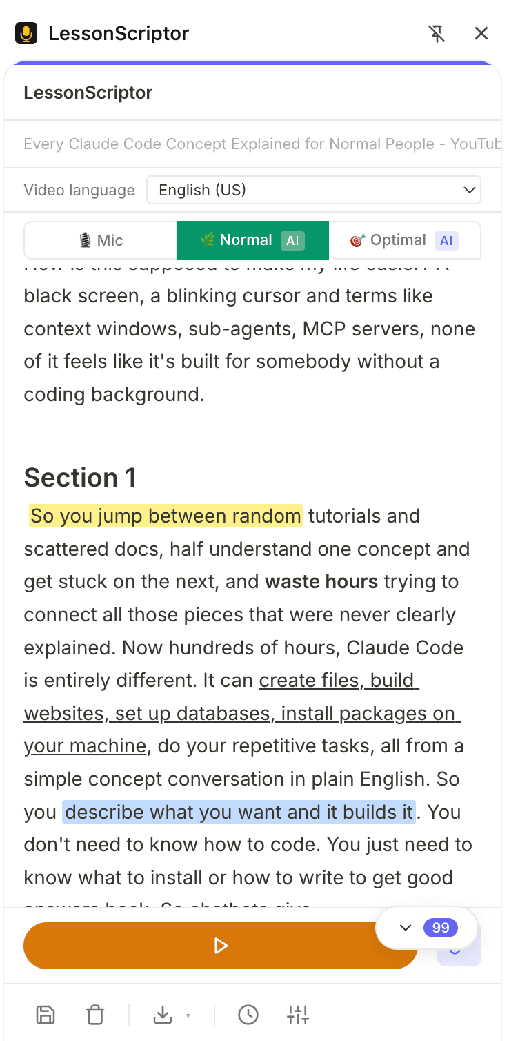 LessonScriptor side panel showing live transcription of a YouTube video