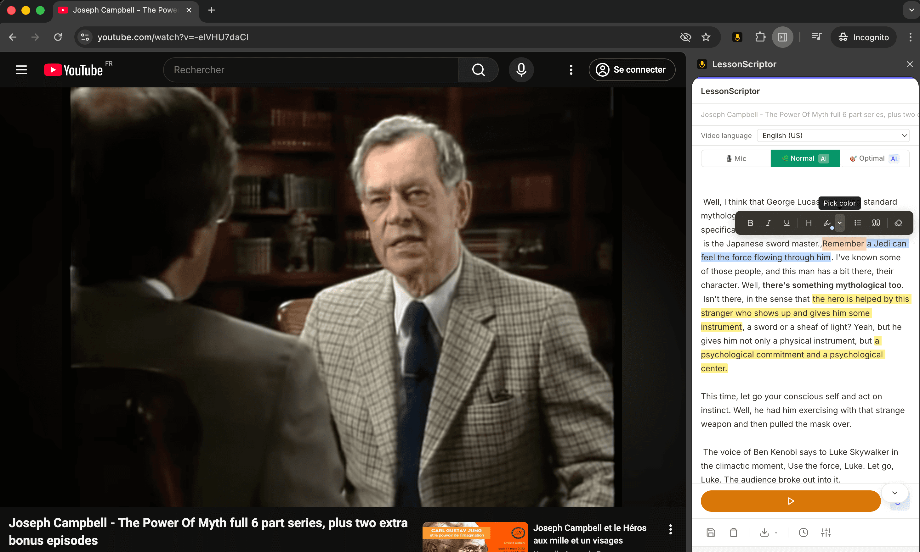 LessonScriptor side panel transcribing a YouTube lecture in real-time alongside the video